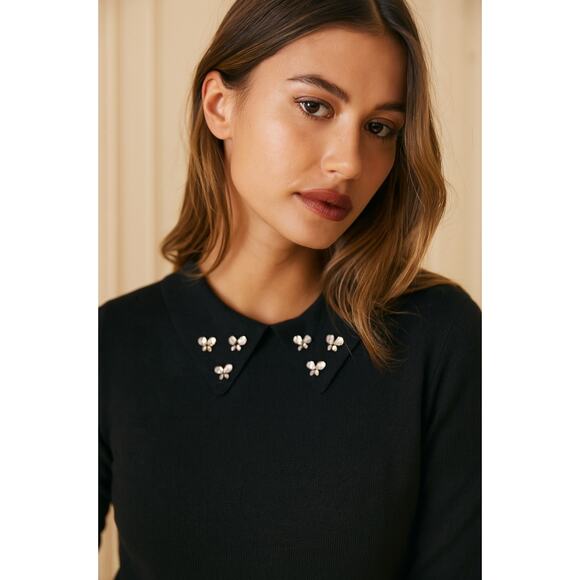 Anthropologie L Cynthia Rowley Jeweled Peter Pan Collar Wool Sweater Top Black - Picture 1 of 8